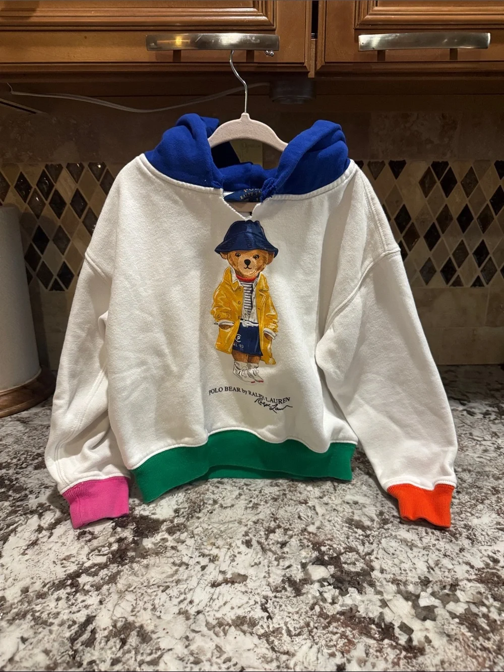 Ralph Lauren White Hoodie with Blue Hood & Green Hem - Polo Bear Graphic